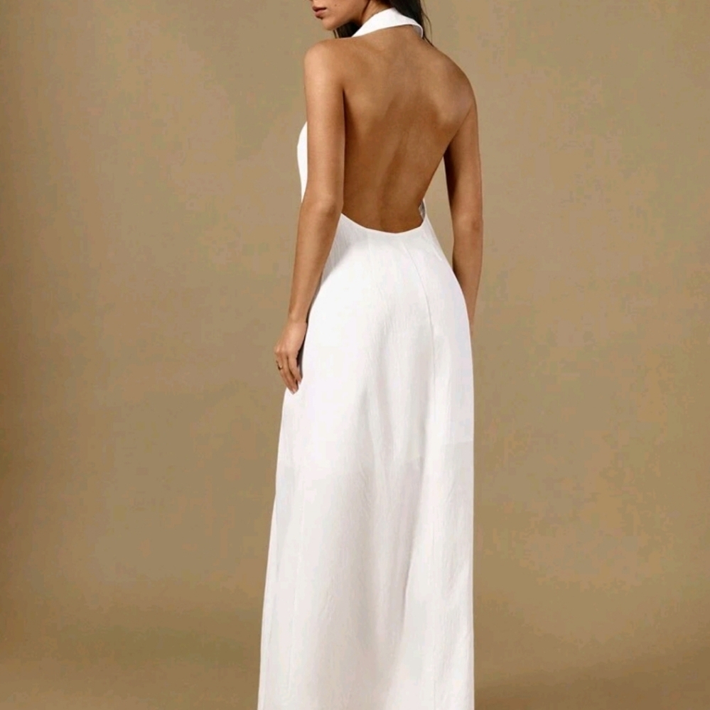 Halterneck Lapel Sleeveless Front Button Waist Line Maxi Shirtdress Casual Dress - Picture 2 of 7